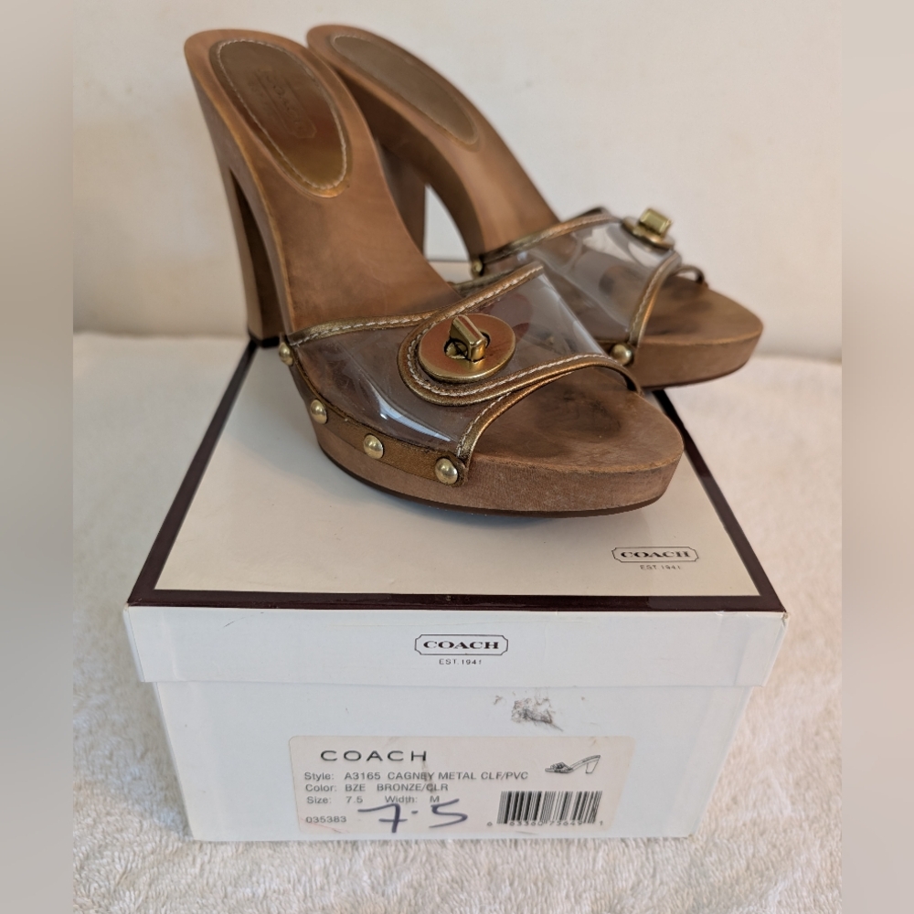 Coach Cagney Clear Bronze Gold Wooden Sz.7.5 Platform Slip-On Heels